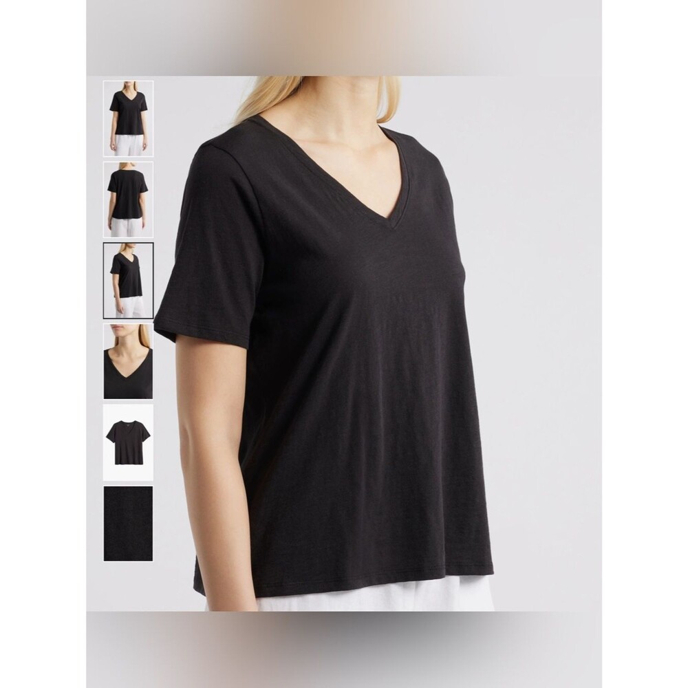 Eileen Fisher Black Easy Organic Cotton V-Neck Tee Size S